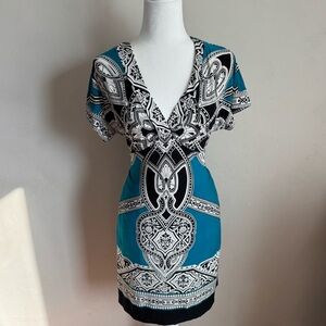 Enfocus Studio Elegant Teal and Black Patterned Dress Size 8 Women’s